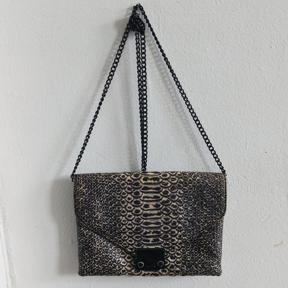 Loeffler Randall Junior Lock Anaconda Snake Leather Clutch Envelope Purse Chain